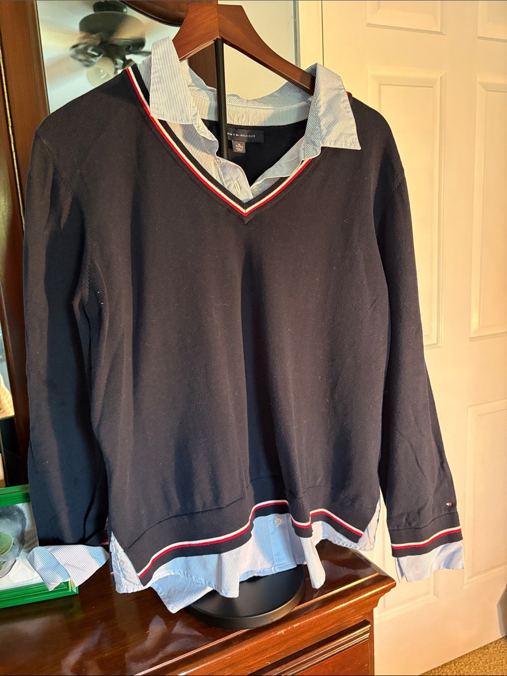 Tommy Hilfiger Women’s Navy V-Neck Sweater with Red & White Trim